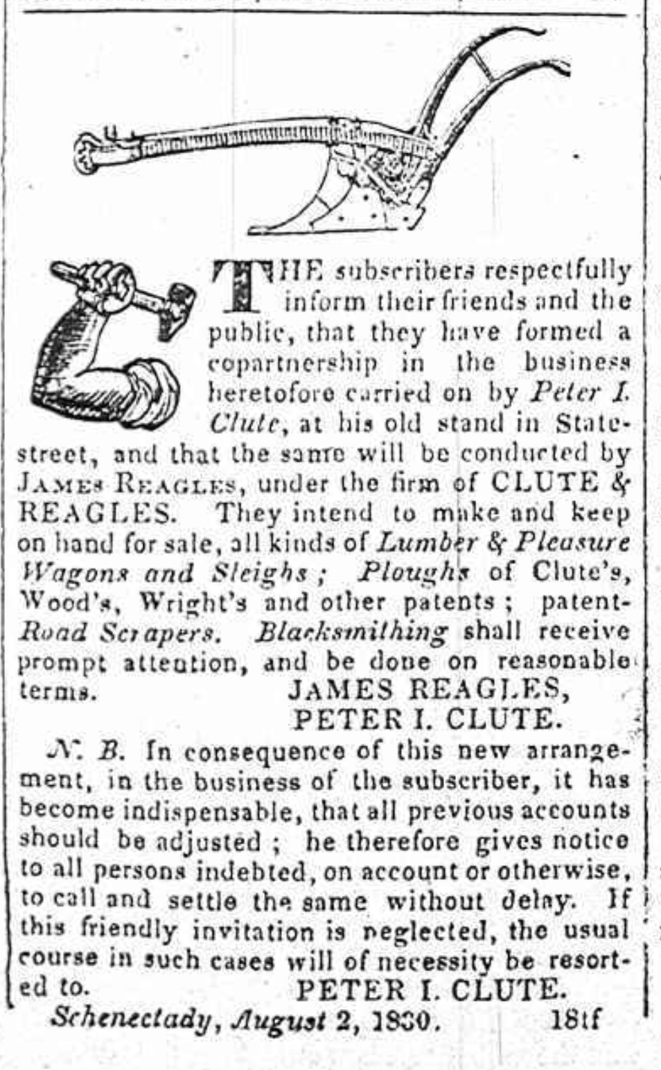 Clute and Reagles advertisement 1830
