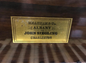 Meacham Piano label for John Siegling, Charleston