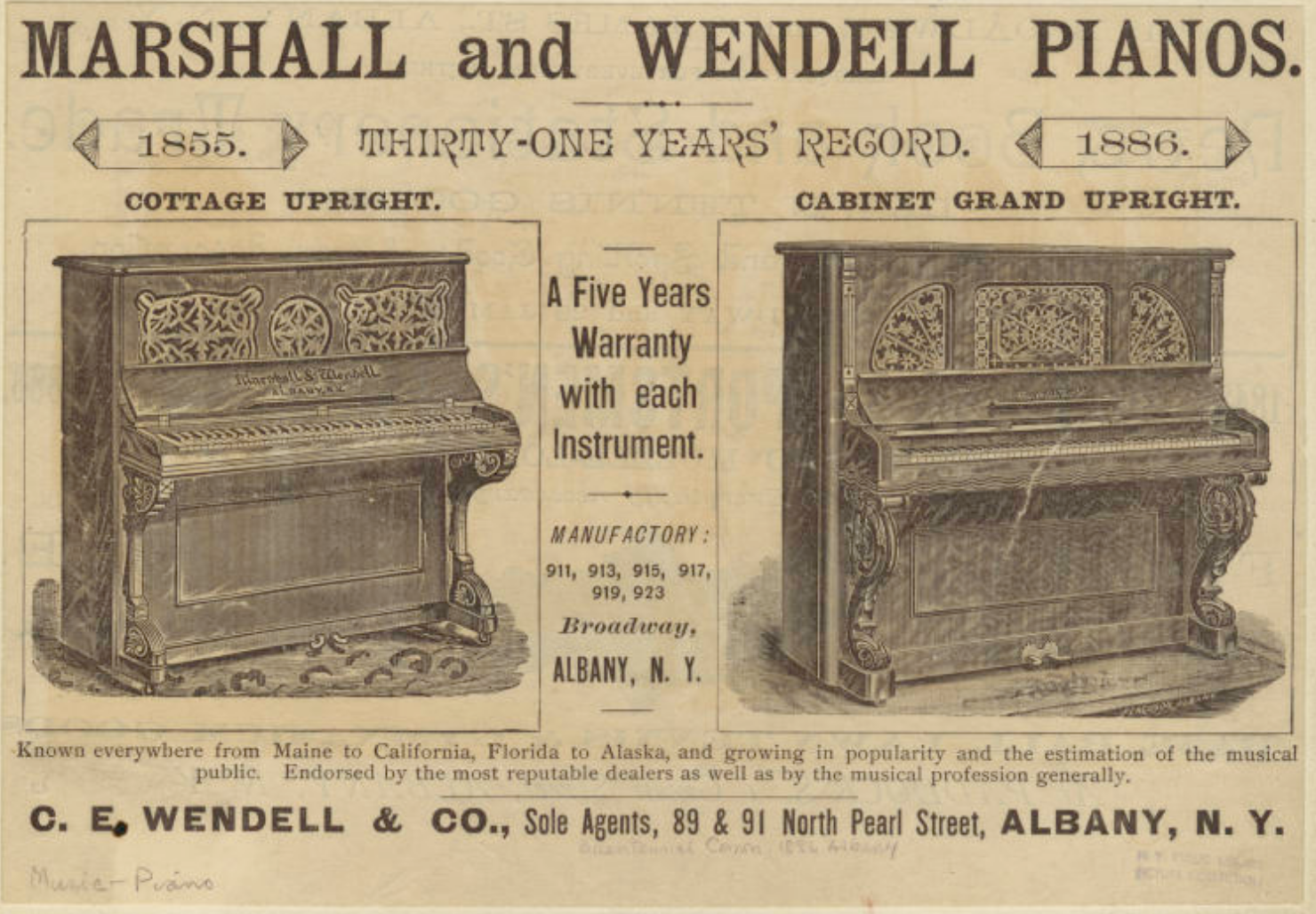 Marshall and Wendell Pianos 1886 ad