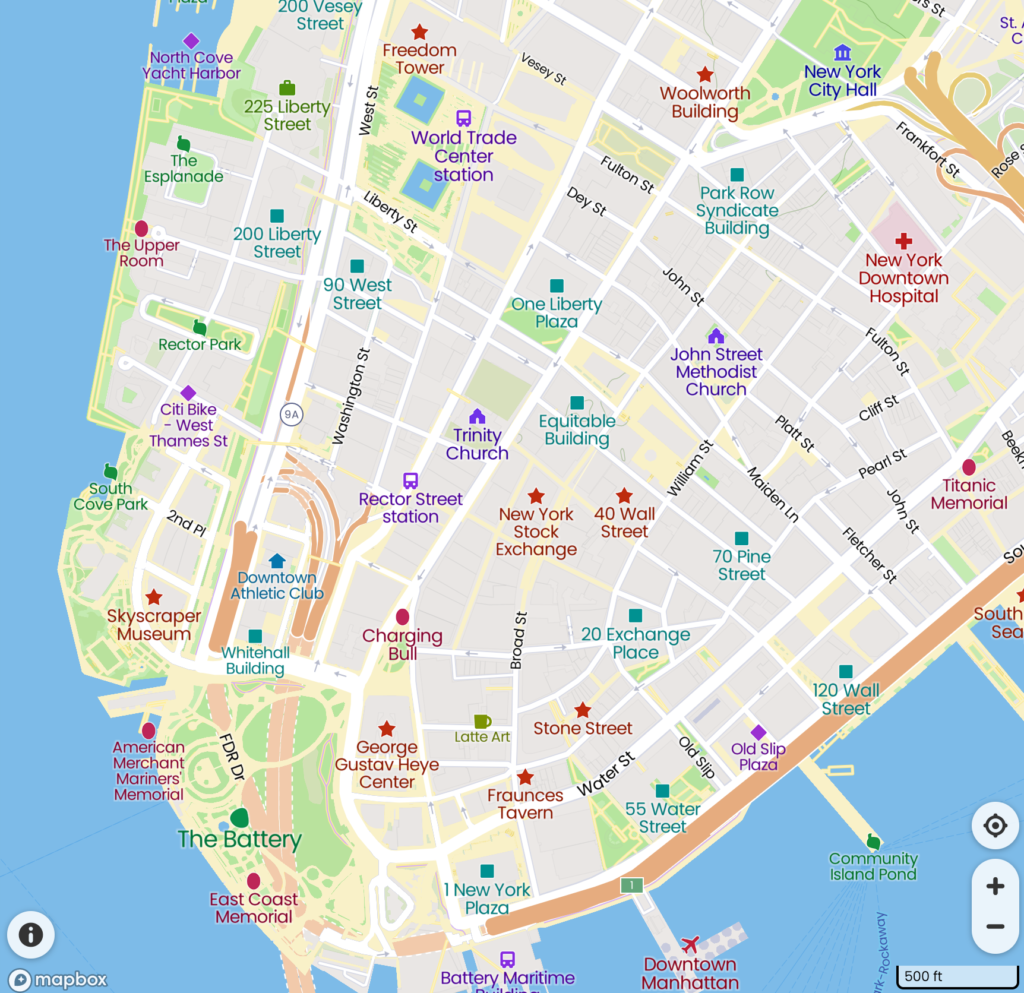 Encarta map of the tip of Manhattan island showing the location of Anneke Jan's land now held by Trinity Church.