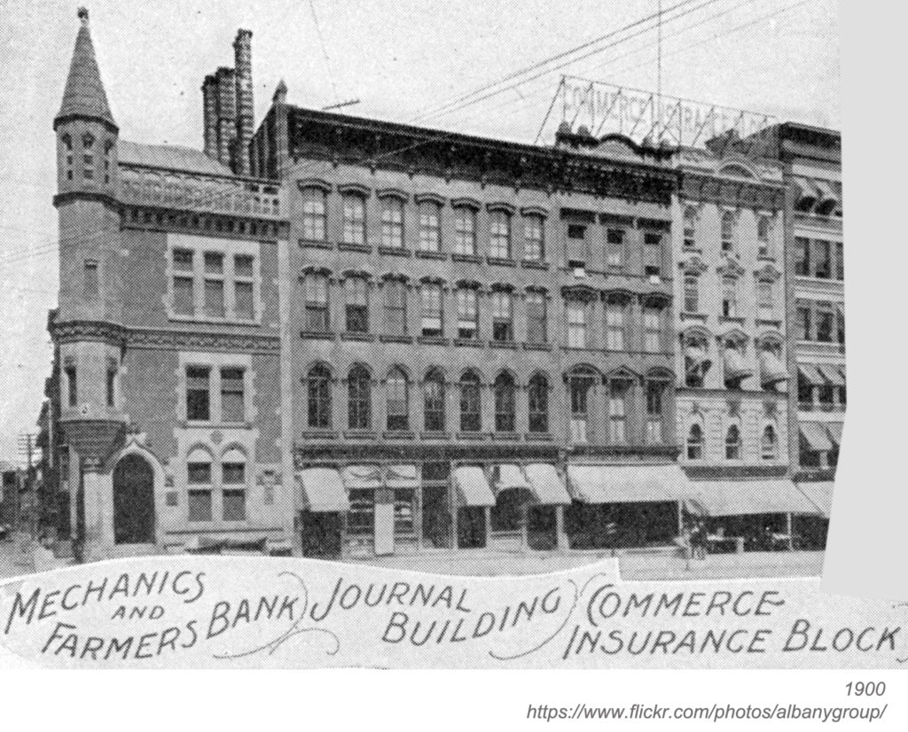 Photograph of row of buildings on State street at James street in Albany, New York