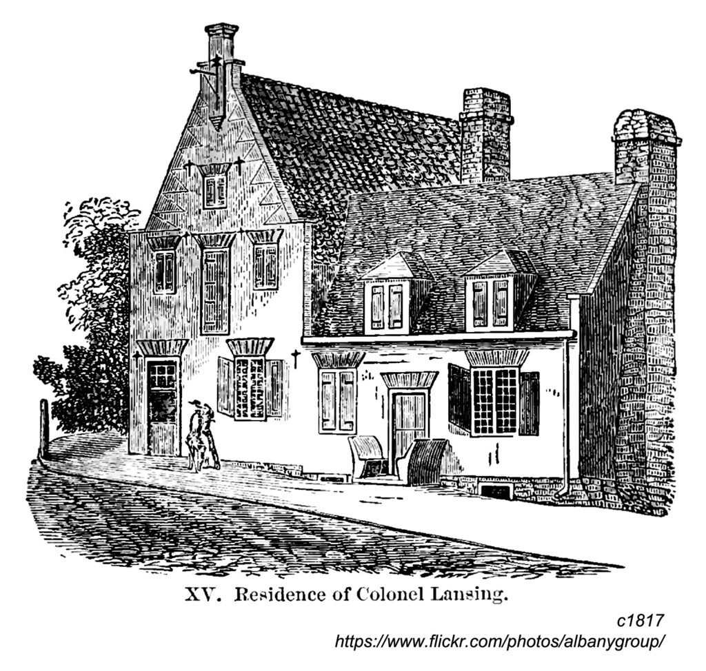 Ink drawing of the Lansing House in Albany, titled "Residence of Colonel Lansing." 