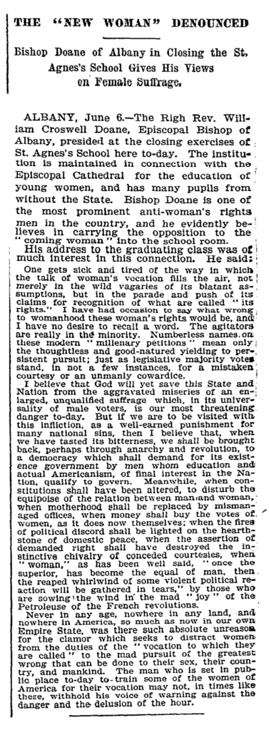 Bishop Doane denounces the New Woman 1895