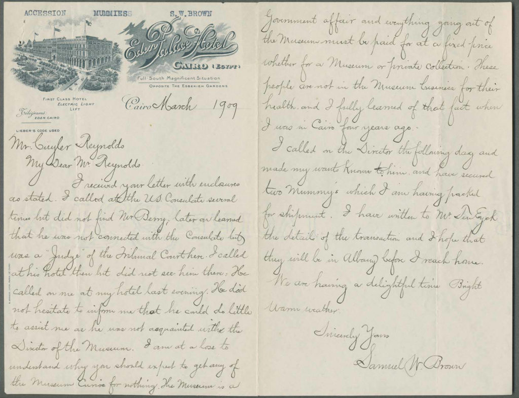 Letter from Samuel W. Brown to Cuyler Reynolds, 1909