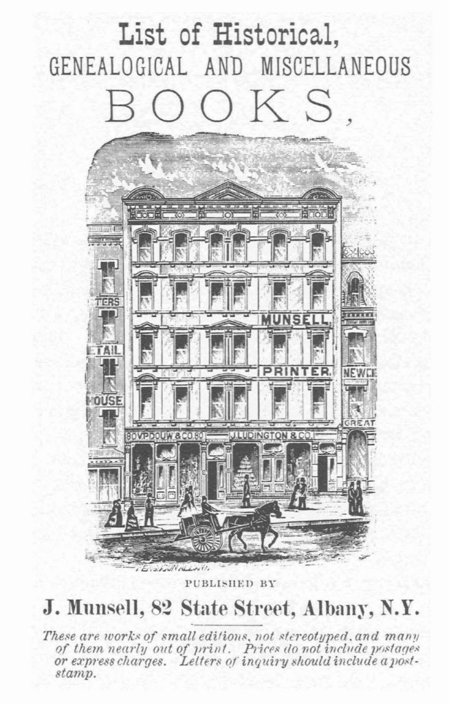 Engraving of a building at 82 State Street in Albany that housed the printing operations of Joel Munsell. It is a five-story decorated commercial building, with large windowed storefronts on the first floor, and six windows across on the upper floors, all with decorative work and cornices.