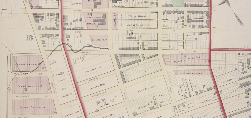 This detail from the 1876 atlas shows the kill going underground at Swan Street and then faintly outlines its original course.