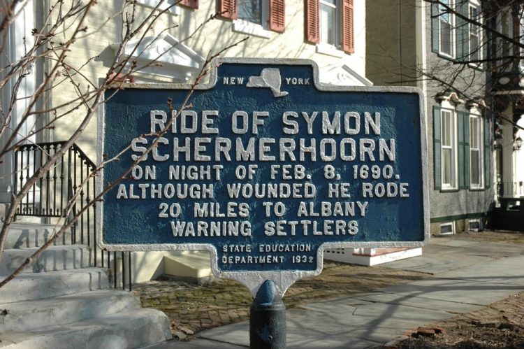 State Education Department historical marker commemorating the ride of Simon Schermerhorn, in Schenectady's Stockade