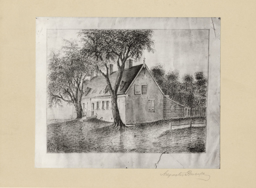 The first Manor House, erected by Jeremias Van Rensselaer in 1658, shown in a sketch made by Major Francis Pruyn in 1839, the year it was torn down.