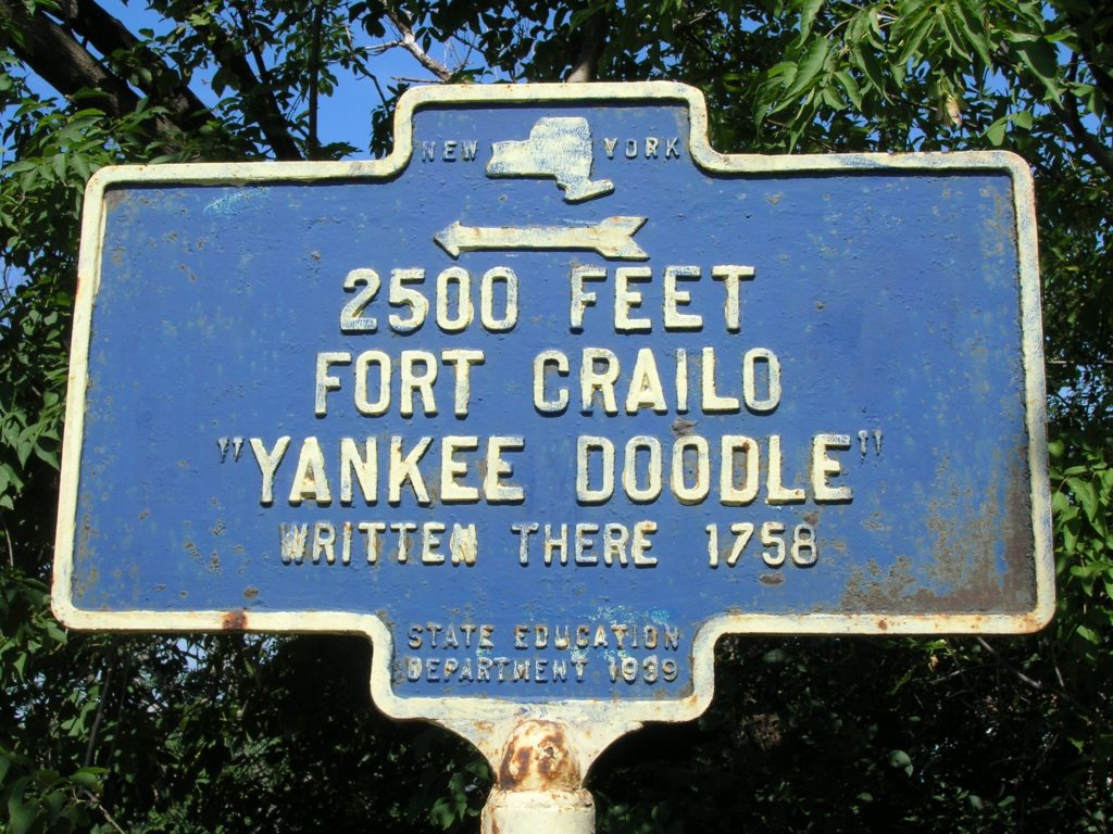 Photograph of historical marker for the site of Crailo, where the song Yankee Doodle is supposed to have been written in 1758.
