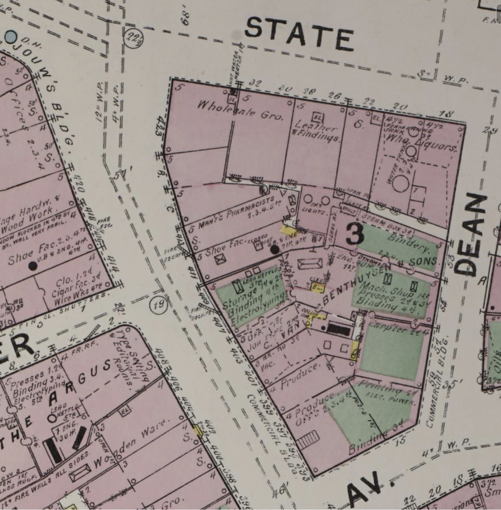 Sanborn map of Albany from 1892 depicting the location of the Van Benthuysen and Sons printing operation on Broadway.