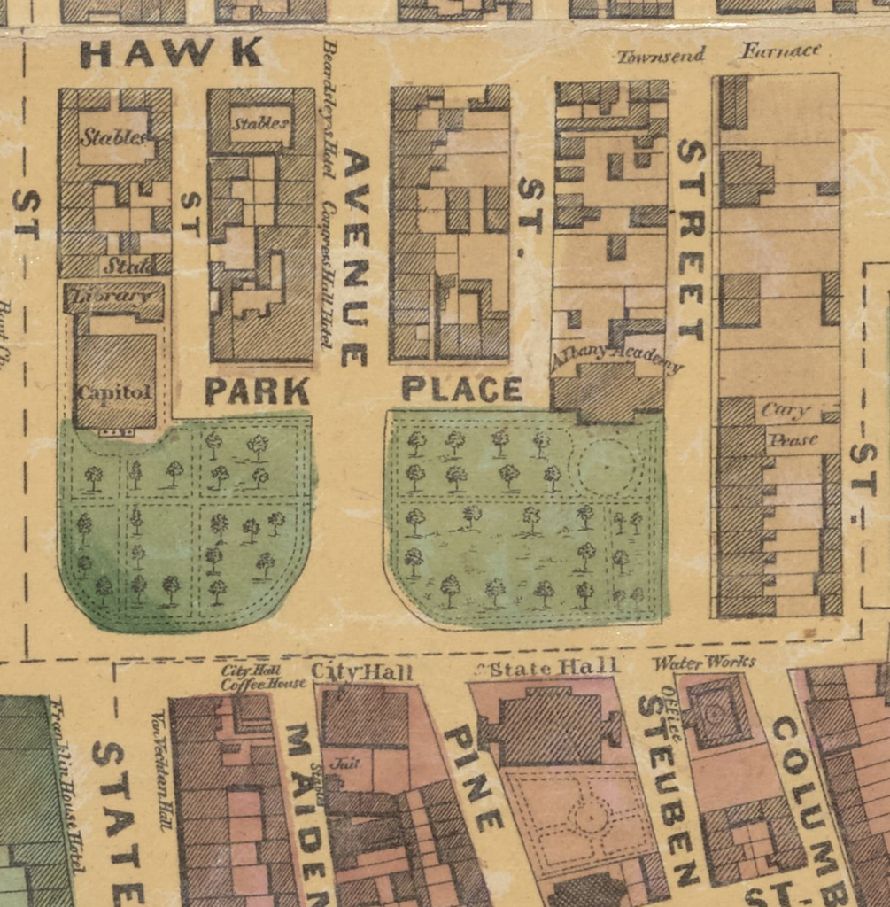 This 1857 map shows Academy Park on the right side of Washington Avenue, with the Albany Academy at the end of the now-gone Park Place. Residences were still very much present in what later became Lafayette Park, to Academy Park's west