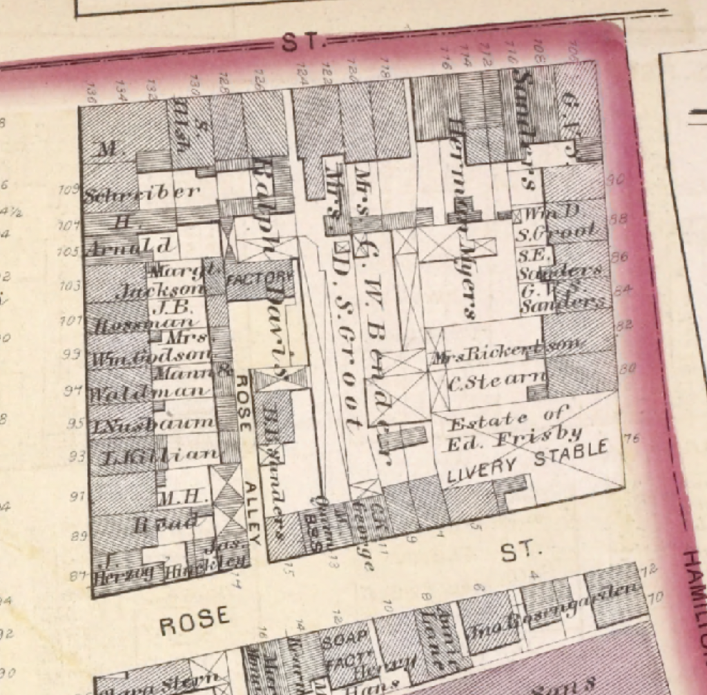 When there was a southeast corner of Hamilton and Pearl (upper right in this map), the tablet was apparently on the building at that corner. It was gone by 1914.
