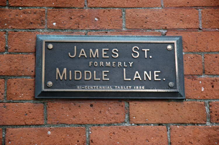 Tablet marking "James Street, formerly Middle Lane."