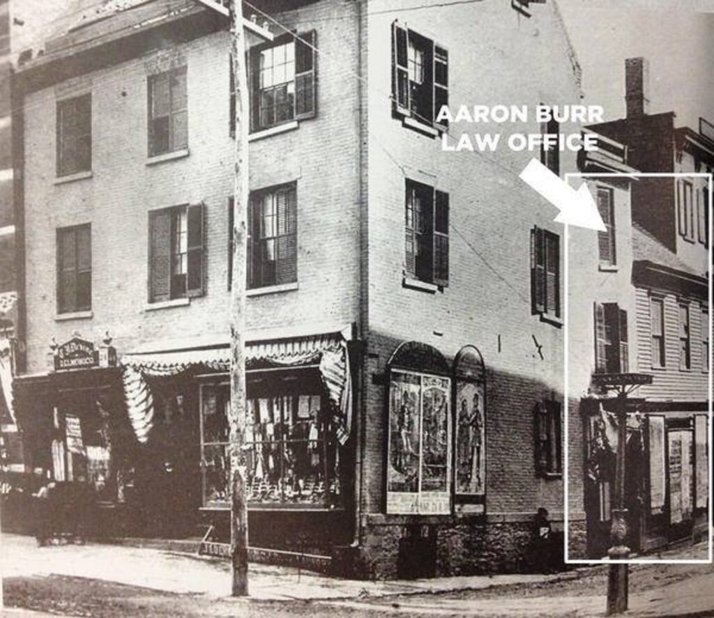 Courtesy of the Albany Group Archive at Flickr, a photograph from before 1887 showing the Norton Street building that housed Aaron Burr's law office.