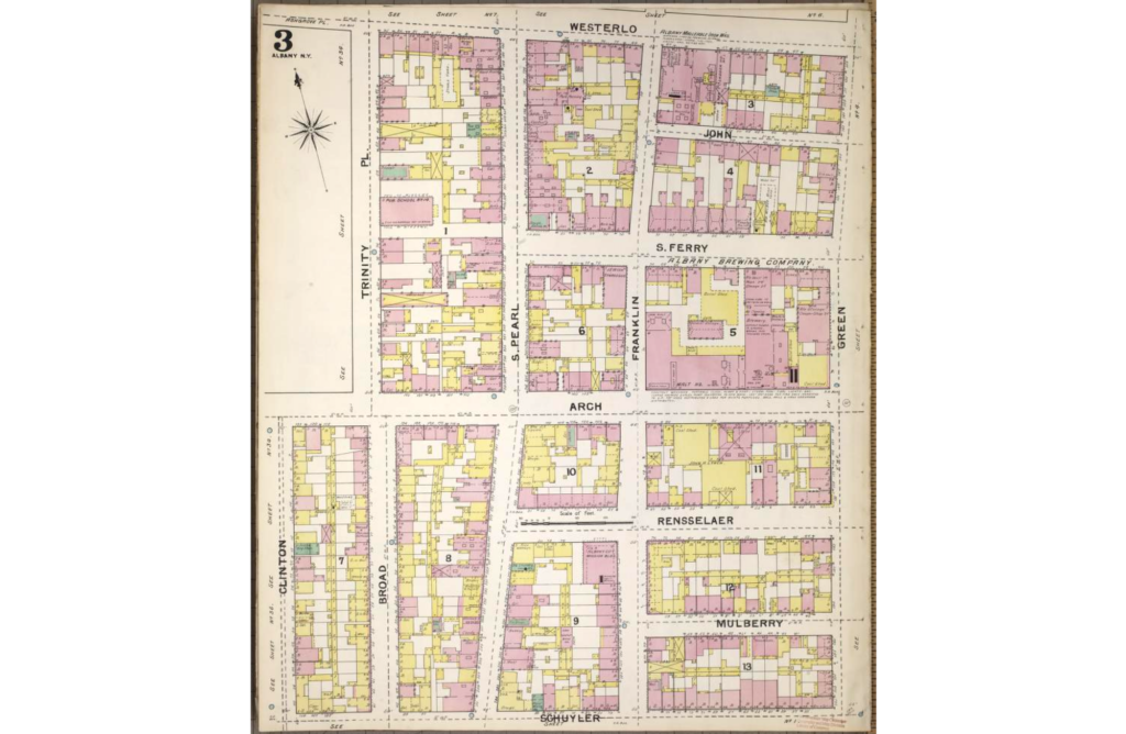1892 Sanborn map showing Franklin Street descending south from Westerlo to Schuyler. Today, Franklin becomes a walkway at Westerlo, for about a third of that block, and then discontinues at South Ferry.