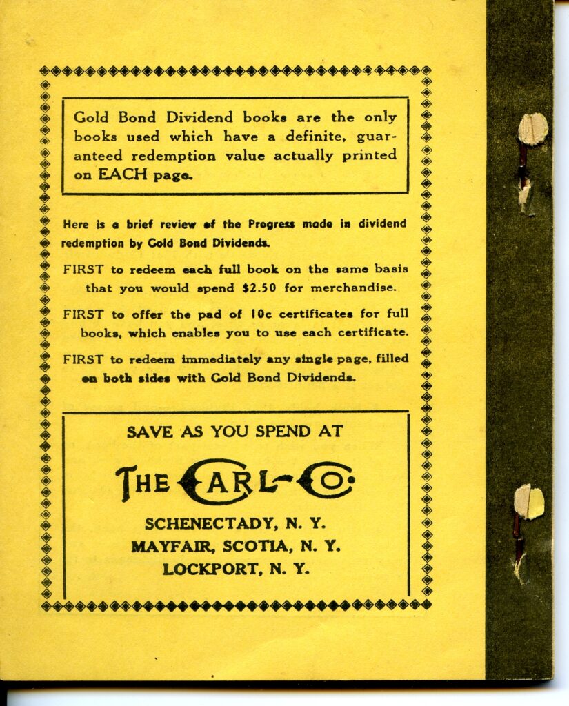 The back cover of the Gold Bond Stamps book explains the redemption rates – a full book of stamps was equal to .50. Individual page values were worth 10 cents.