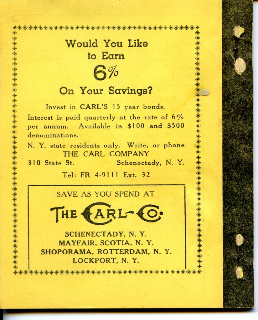 Back of the stamp book, with type that says "Would you like to earn 6% on your savings? INvest in Carl's 15 year bonds. Interest is paid quarterly at the rate of 6% per annum. Available in 0 and 0 denominations. N.Y. state residents only." 