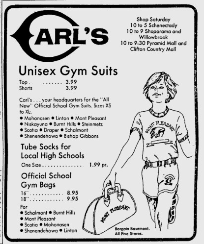 Advertisement for The Carl Company, then going by "Carl's." Featuring unisex gym suits and tube socks for local high schools, as well as official school gym bags. Yes, we all bought all of these from the Carl Company.