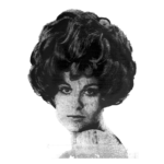 Photograph of a woman from the 1970s wearing a voluminous curly wig, her hair so high it doubles the height of her head.