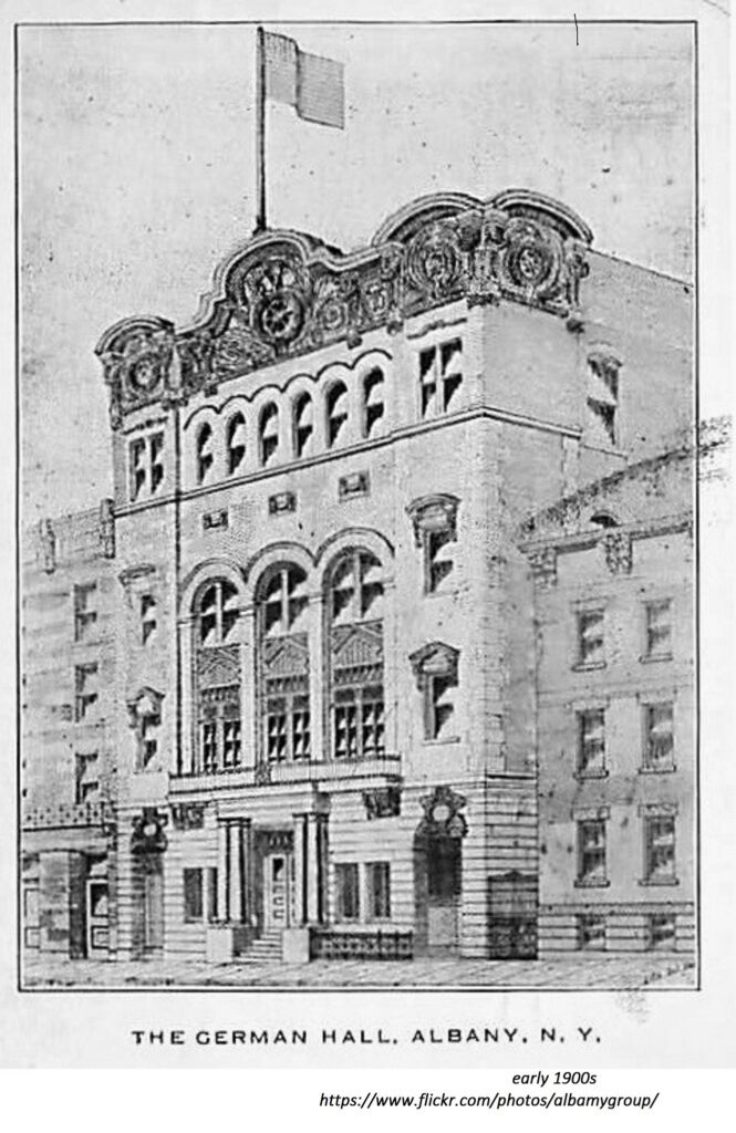 A rendering of a fancy facade of a five-story building, The German Hall in Albany, NY.